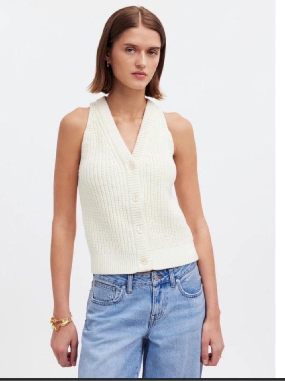 NWT Madewell sleeveless V-Neck Button Front Knit Vest - Cream